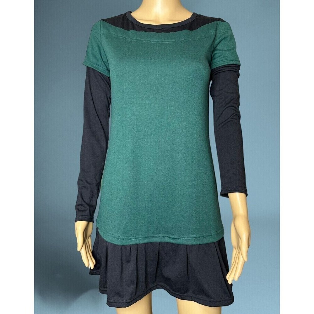 Lele Shift Mini Dress Small S Green-Black Drop Waist Long Sleeve Stretch